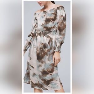 White House Black Market Abstract Print Smocked Waist Off Shoulder Midi Dress
